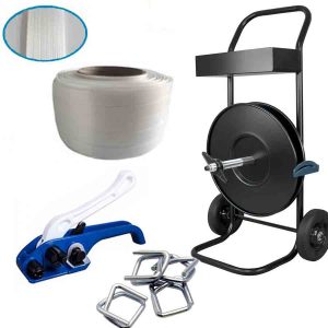 Bindiborðasett með trefjabindiborða, handbindivél CORD 13-19 mm, samsettur bindiborði 16 mm, vagn fyrir bindiborða