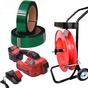 Plastbindiborðasett TITAN 10-16mm PET/PP með rafhlöðu, hleðslutæki, PET bindiborða 12mm, bindiborðavagn