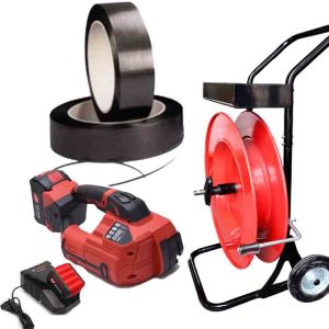 Pólýprópýlen bindiborðasett TITAN 10-16mm PET/PP með rafhlöðu, hleðslutæki, 12mm PP bindiborða, bindiborðavagn