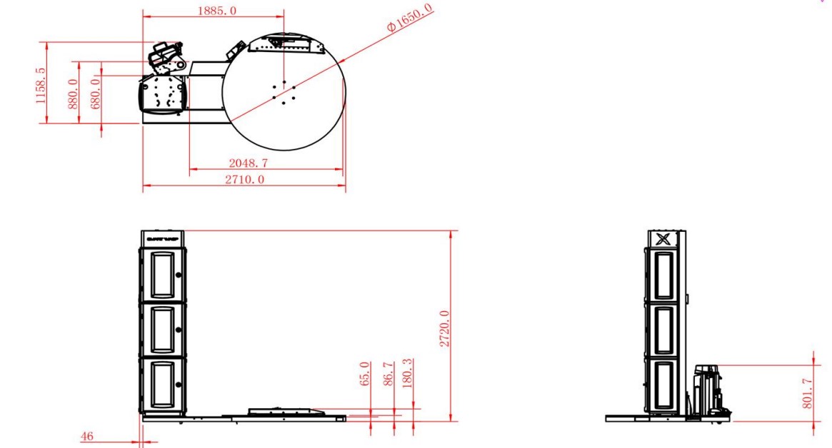 Gólfplan sjálfvirkrar brettavafningsvélar SMARTWRAP X10 PRE-STRETCH með burðargetu 2000kg
